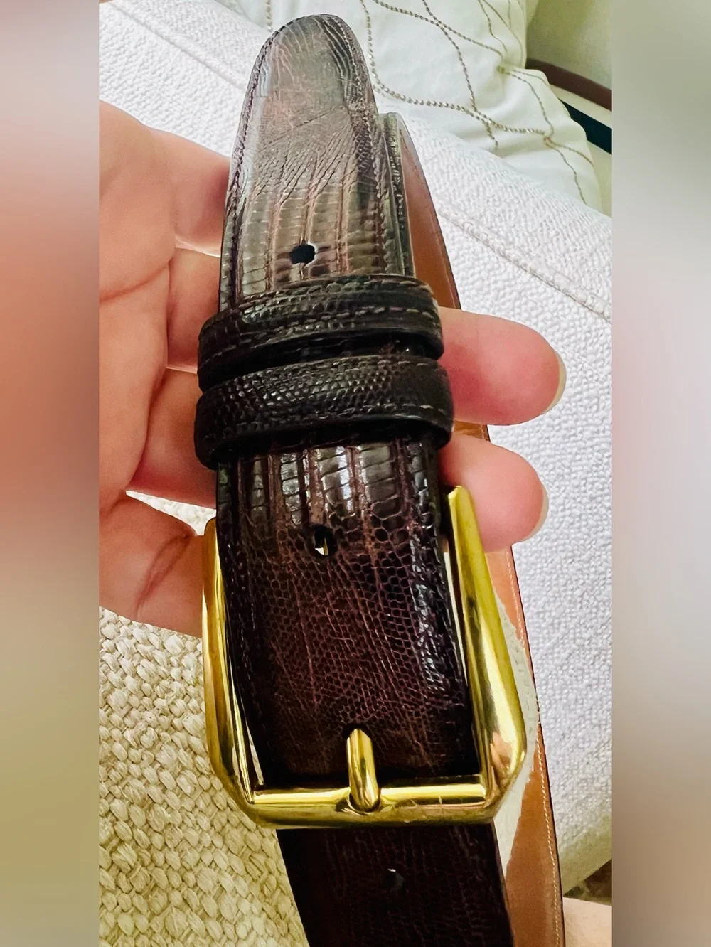 Allen Edmonds Exotic Teju Lizard Men’s Belt, Size 36, Brown, Gold Brass Buckle